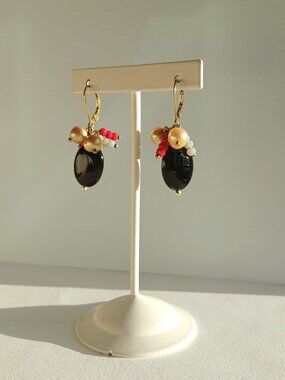 New High polished black agate with  crystal handmade earring